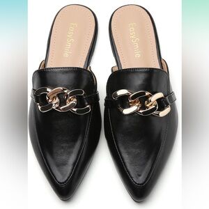Metal Chain Decor Flat Mules for Women Closed Pointed Toe Slip on Loafers